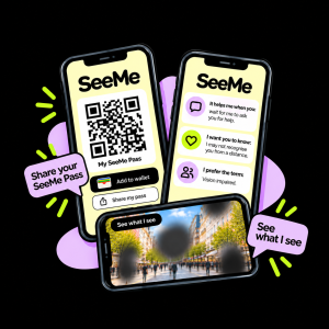 illustration showing three mobile phones, each with a screenshot from the see-me application, showing a QR code, the simulator and editable options