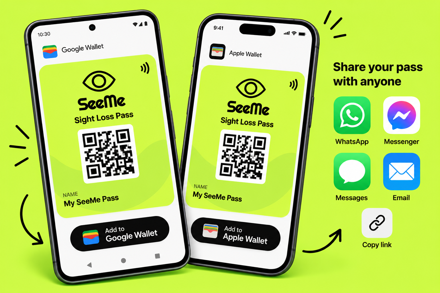 illustration showing how you can share your SeeMe pass with anyone across multiple platforms.
