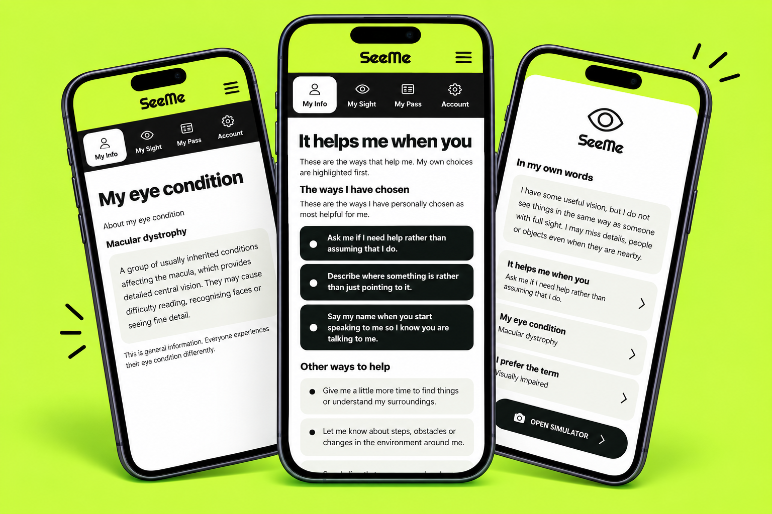 Illustration showing screenshots of the SeeMe app, showing how you can include helpful information for others to learn what you need and how to support you.